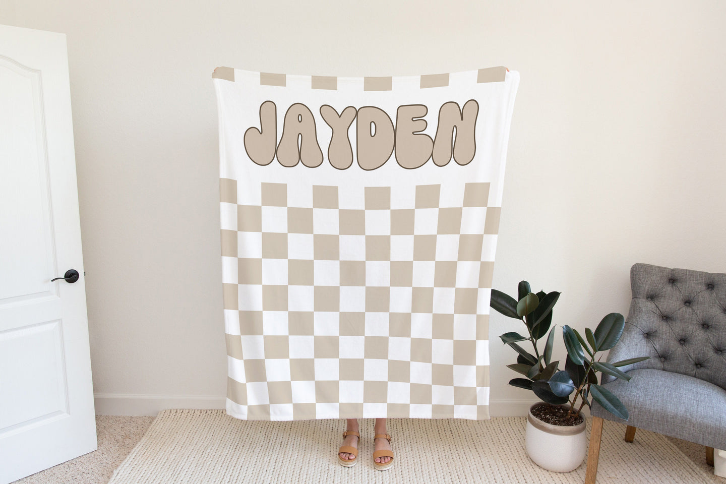 Personalized checkered vintage blanket with Name, Beige Custom blanket gift, Birthday Anniversary Gift, toddler kids blanket